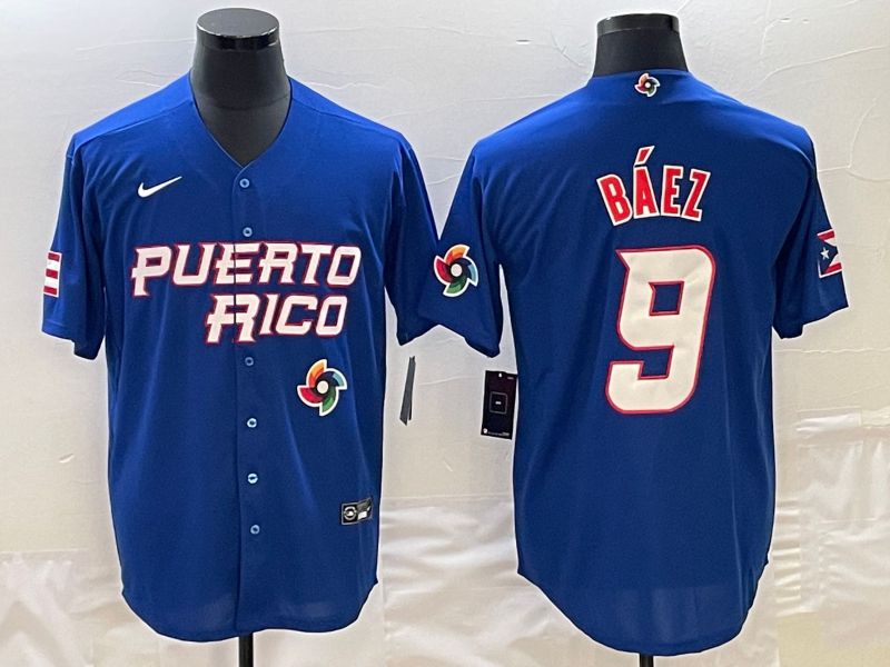 Men 2023 World Cub Puerto Rico #9 Baez Blue Nike MLB Jersey->->MLB Jersey